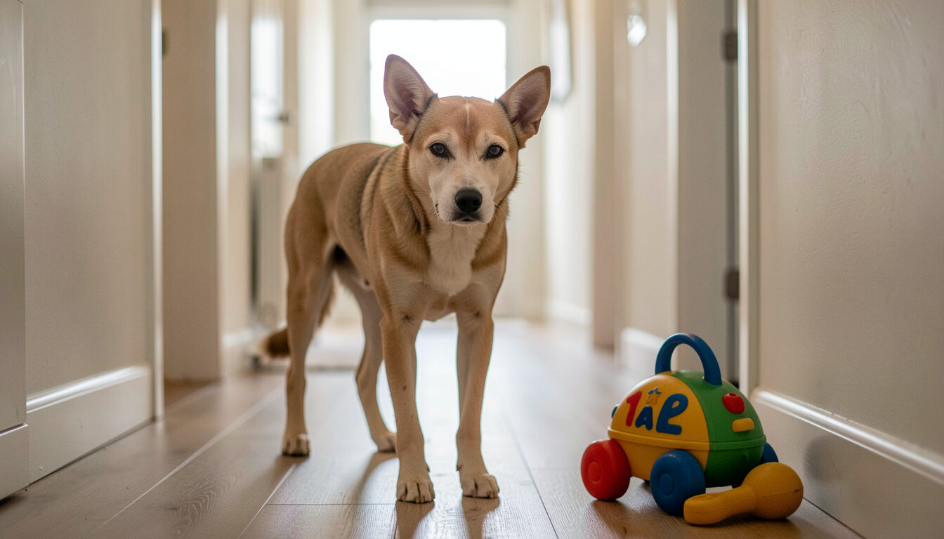 A dog standing stiff with ears back and a hard stare near a toy in a home hallway in soft daylight.