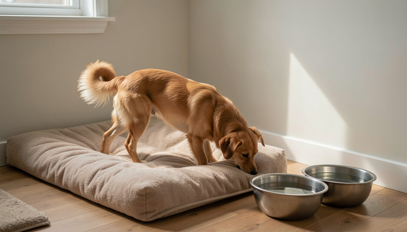 A wooden kitchen table in daylight, with a printed pedigree, a breeding book certificate, and a hip screening sheet spread beside a leash and a bowl of water, shot from slightly above at a close angle.