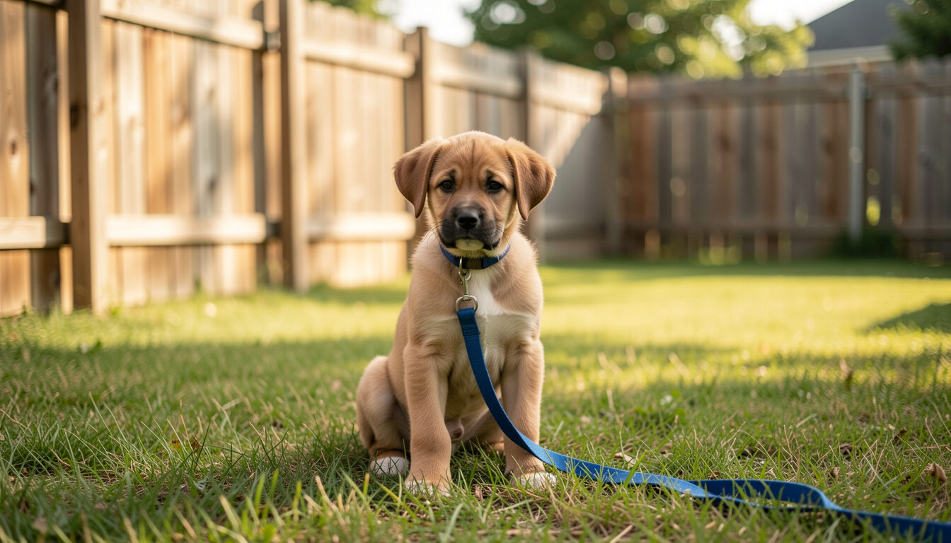 A young puppy sitting on a lawn beside a wooden backyard fence with a blue leash lying in the grass.
