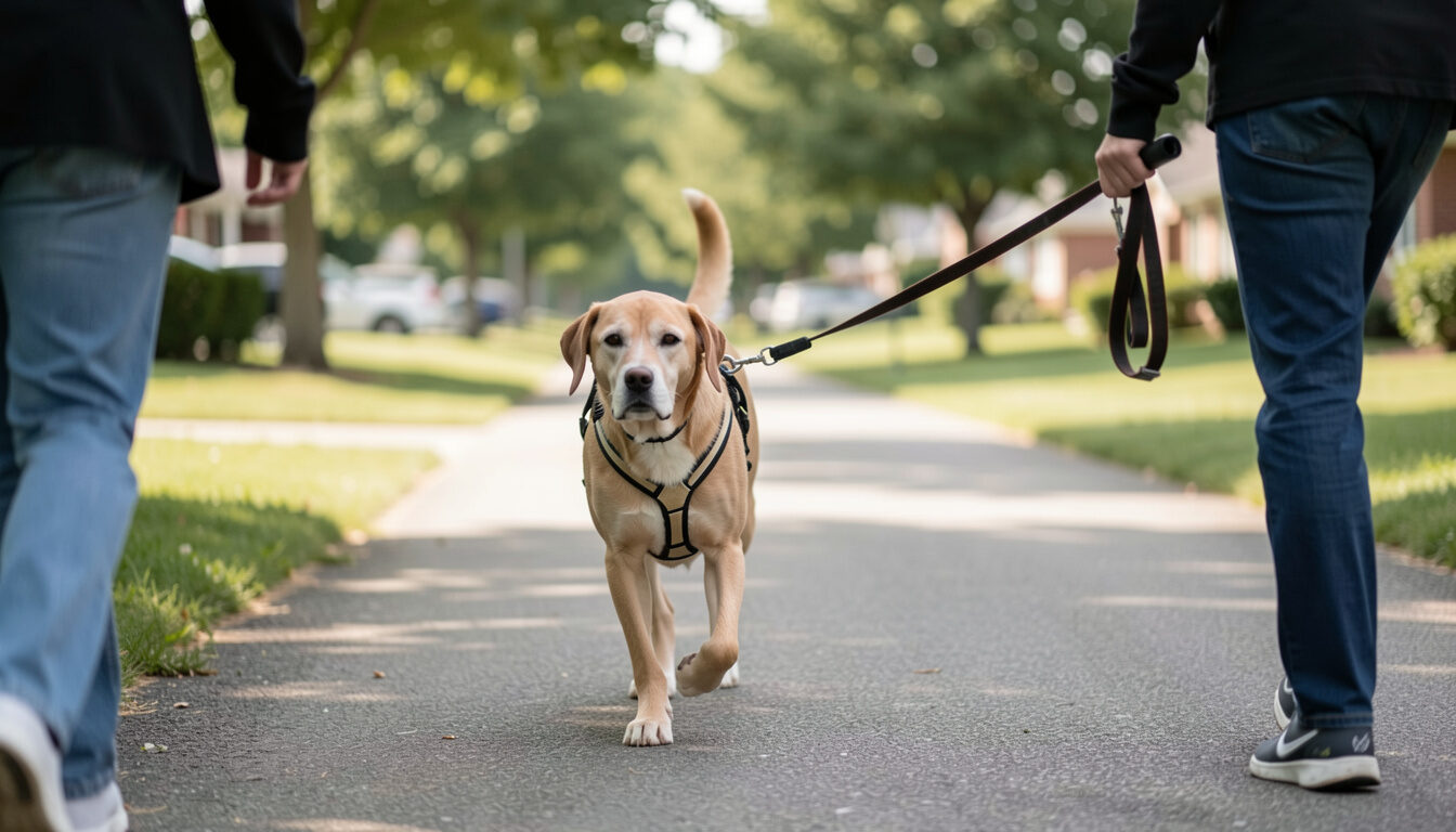 A dog in a harness walking on a loose leash along a quiet neighborhood path in daylight with handler out of frame.