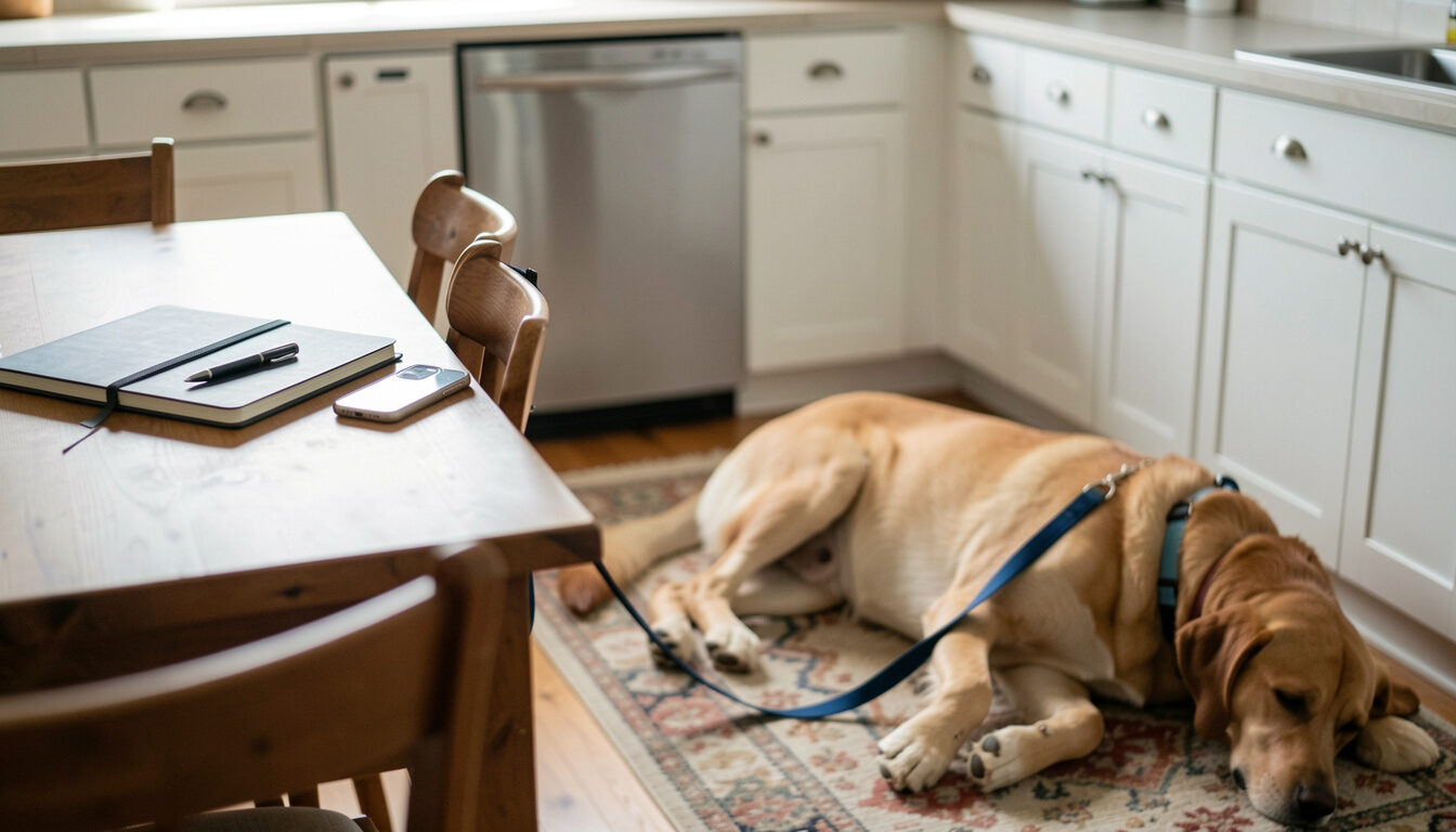 A notebook and phone on a kitchen table beside a leashed dog resting on a rug with faces out of frame.